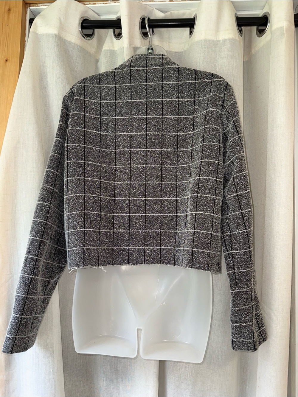 Womens Windowpane Cropped Button Jacket raw hem medium - Picture 2 of 4